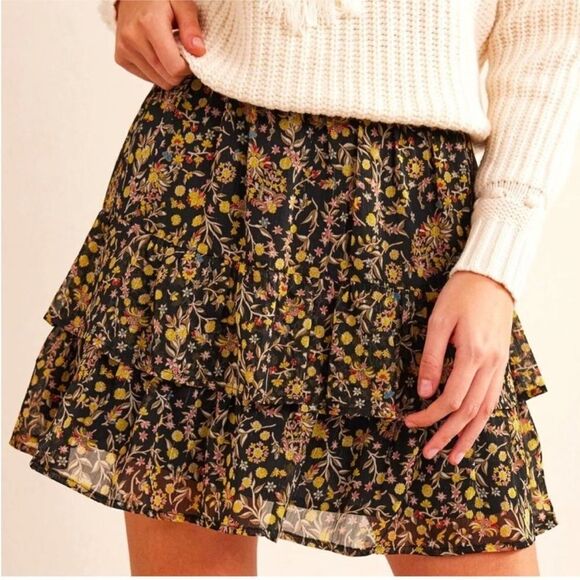 BODEN Skirt Women 14 Ruffle Tiered Black Wildflower - Picture 1 of 10